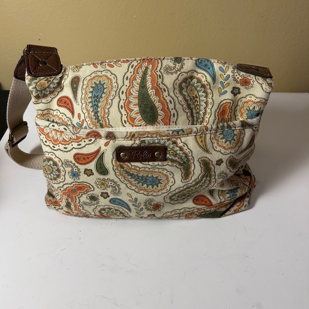 Relic Paisley Canvas Crossbody Bag Tan Orange Blue Green‎ Adjustable Strap